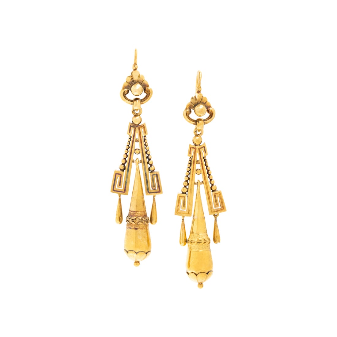 French, Yellow Gold Dangle Earrings: French, Yellow Gold Dangle Earrings 18 karat yellow gold. 2 3/4 inches long. Stamp: (French assay mark). Gross weight: 6.55 dwt. Property from Ivanna of Chicago This lot is located in Chicago.