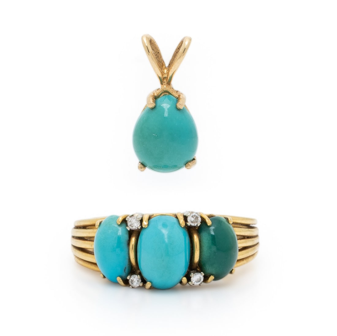 Tiffany and Co., Turquoise, Diamond, and Yellow Gold Ring with Unsigned Turquoise Pendant: Tiffany and Co., Turquoise, Diamond, and Yellow Gold Ring with Unsigned Turquoise Pendant The ring set with oval cabochon turquoise measuring approximately 7.70 x 4.75 mm - 8.50 x 5.80 mm and round br