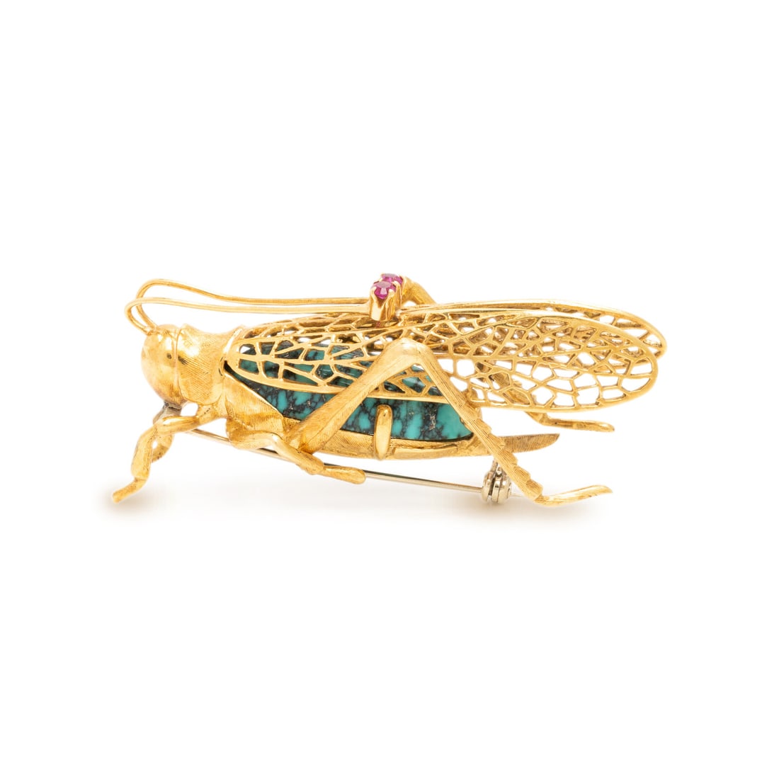 Yellow Gold and Turquoise Grasshopper Brooch: Yellow Gold and Turquoise Grasshopper Brooch Round rubies and freeform cabochon turquoise. 18 karat yellow gold. 2 x 5/8 inches. Stamp: (Italian workshop mark) 750. Gross weight: 12.10 dwt. This lot i