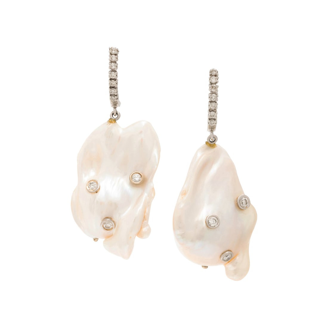 Stambolian, Baroque Cultured Pearl, Diamond, and White Gold Earrings: Stambolian, Baroque Cultured Pearl, Diamond, and White Gold Earrings Baroque cultured pearls measuring approximately 15.00 x 27.50 and 16.20 x 30.10, and round brilliant cut diamonds. 18 karat white