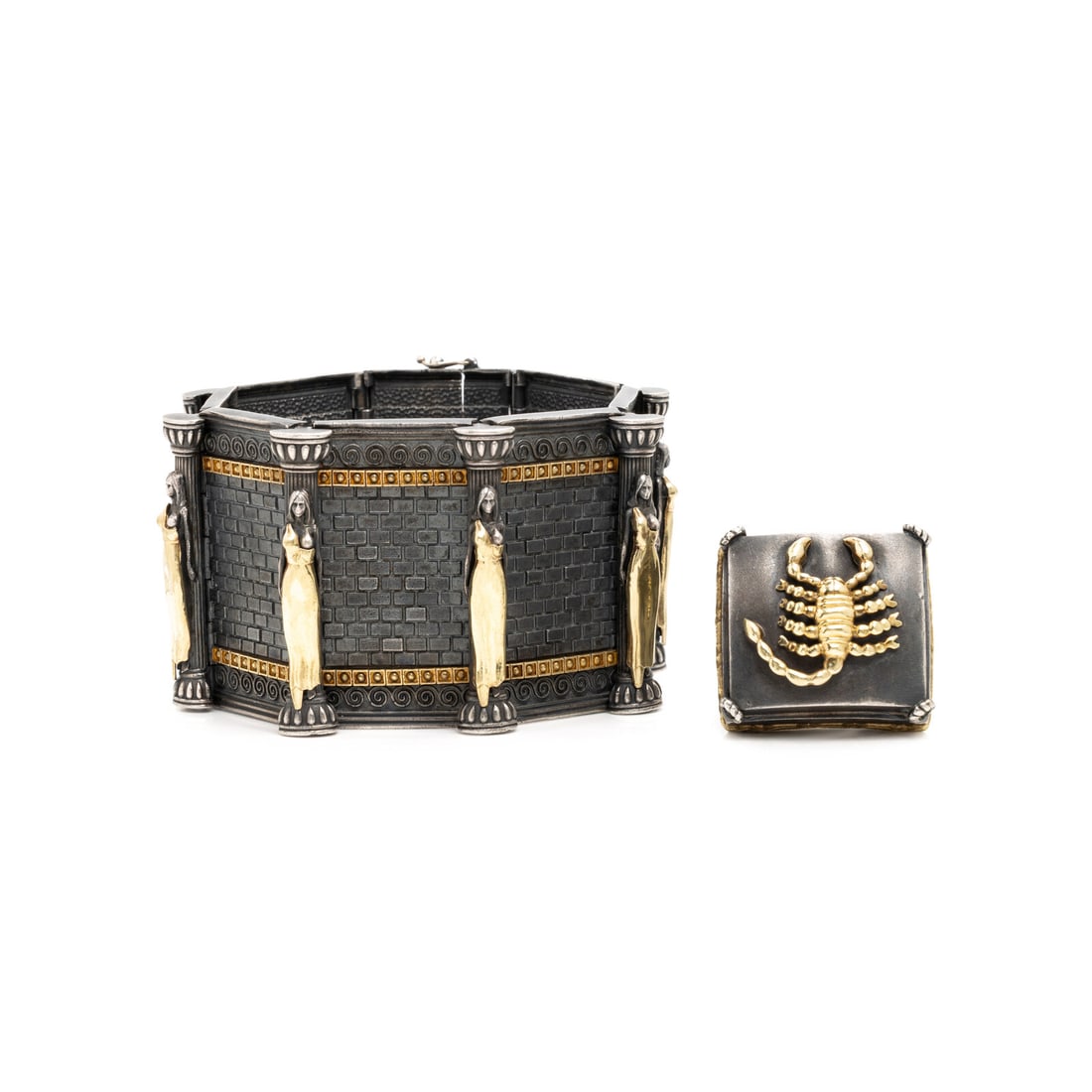 Stambolian, Sterling Silver and Yellow Gold Bracelet and Ring: Stambolian, Sterling Silver and Yellow Gold Bracelet and Ring The bracelet clasp set with one round brilliant cut diamond. Sterling silver and 18 karat yellow gold. Bracelet: 7 3/4 inches long, and 1 