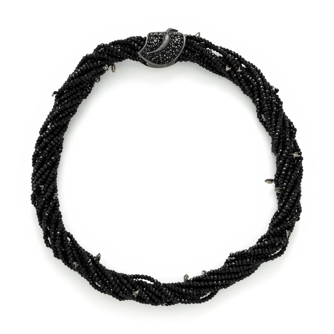 Alex Soldier, Black Spinel, Black Diamond, and Sterling Silver Leaf Motif Beaded Necklace: Alex Soldier, Black Spinel, Black Diamond, and Sterling Silver Leaf Motif Beaded Necklace 12 strands of faceted black spinel beads, and pavé-set round black diamonds. Sterling silver. 19 inches