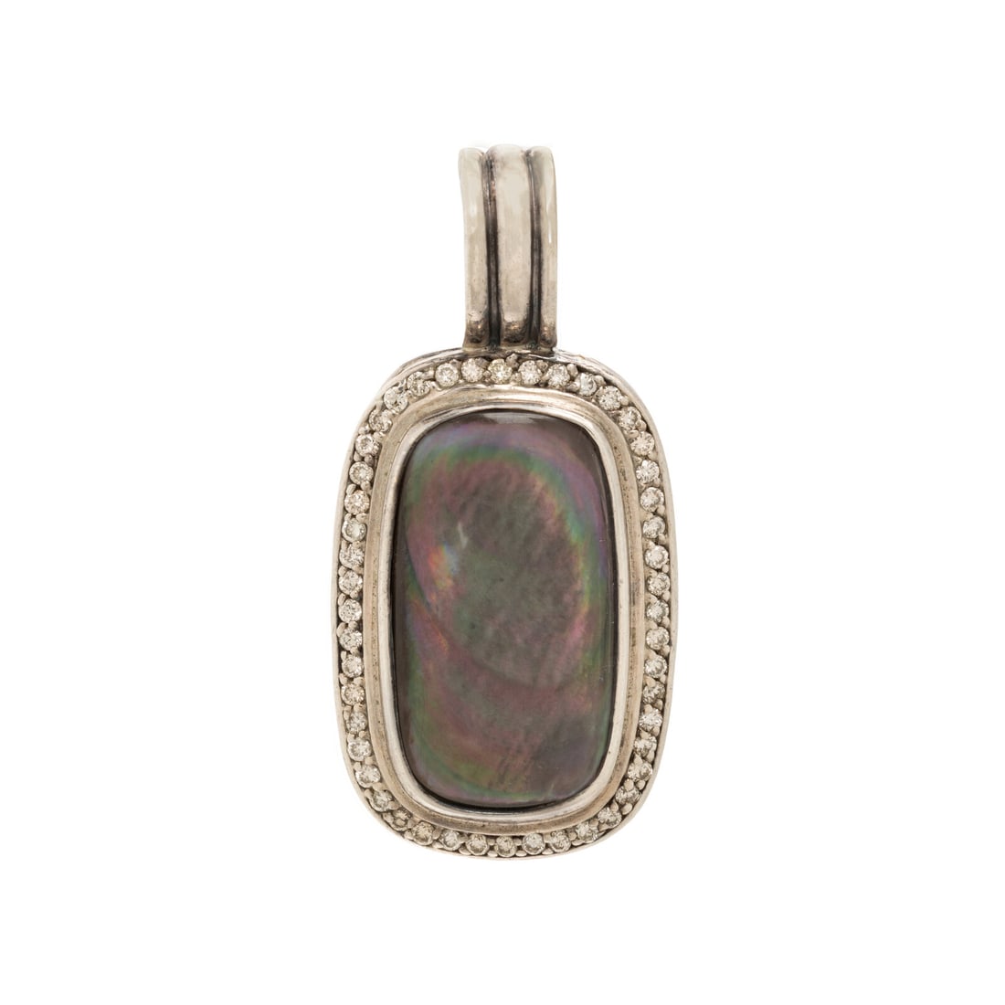 David Yurman, Sterling Silver Abalone Mother-of-Pearl, and Diamond Pendant: David Yurman, Sterling Silver Abalone Mother-of-Pearl, and Diamond Pendant Cabochon abalone mother-of-pearl doublet measuring approximately 21.50 x 12.00 mm and round brilliant cut diamonds. Sterling