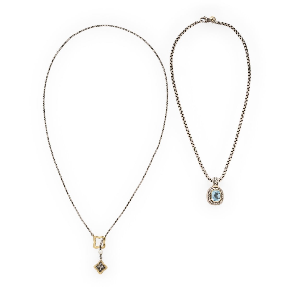 David Yurman, 'Albion' and 'Quatrefoil Lariat', Sterling Silver, Yellow Gold, and Multigem Necklaces: David Yurman, 'Albion' and 'Quatrefoil Lariat', Sterling Silver, Yellow Gold, and Multigem Necklaces Including a pendant set with a checkerboard faceted blue topaz measuring approximately 12.10 x
