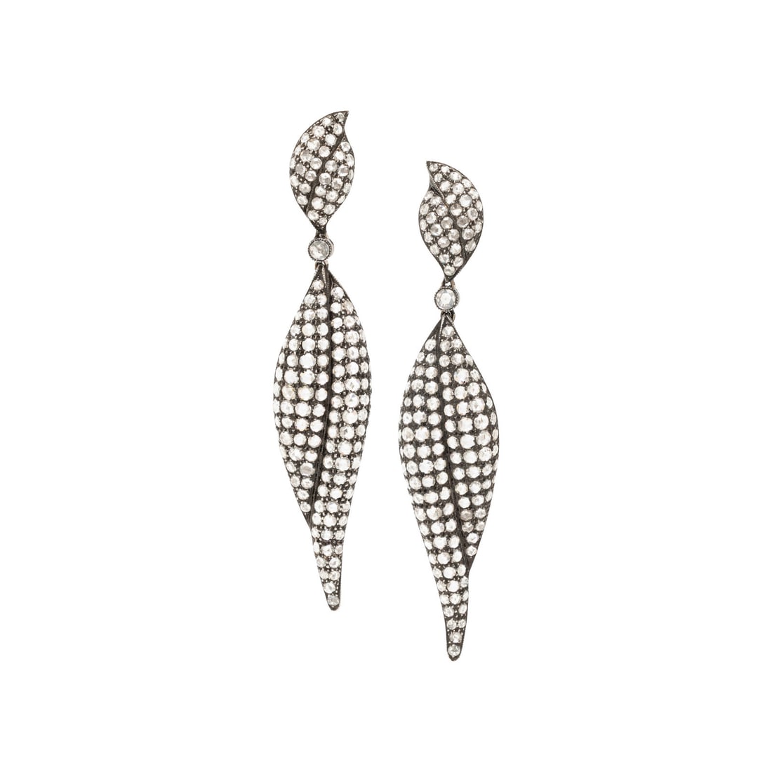 Eli Frei, Diamond and Bicolor Gold Earrings: Eli Frei, Diamond and Bicolor Gold Earrings Rose cut diamonds. Mounted in 18 karat white and blackened gold. 2 3/8 inches long. Stamp: FREI 18K. Gross weight: 7.40 dwt. Property of a Philadelphia