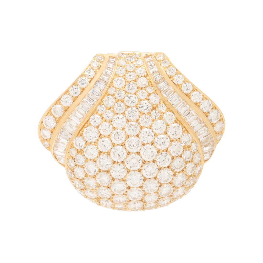 Diamond and Yellow Gold Shell Slide Pendant: Diamond and Yellow Gold Shell Slide Pendant Round brilliant, tapered baguette, and baguette cut diamonds weighing approximately 7.85 carats total. 18 karat yellow gold. 1 3/8 x 1 inches. Stamp: 750 18