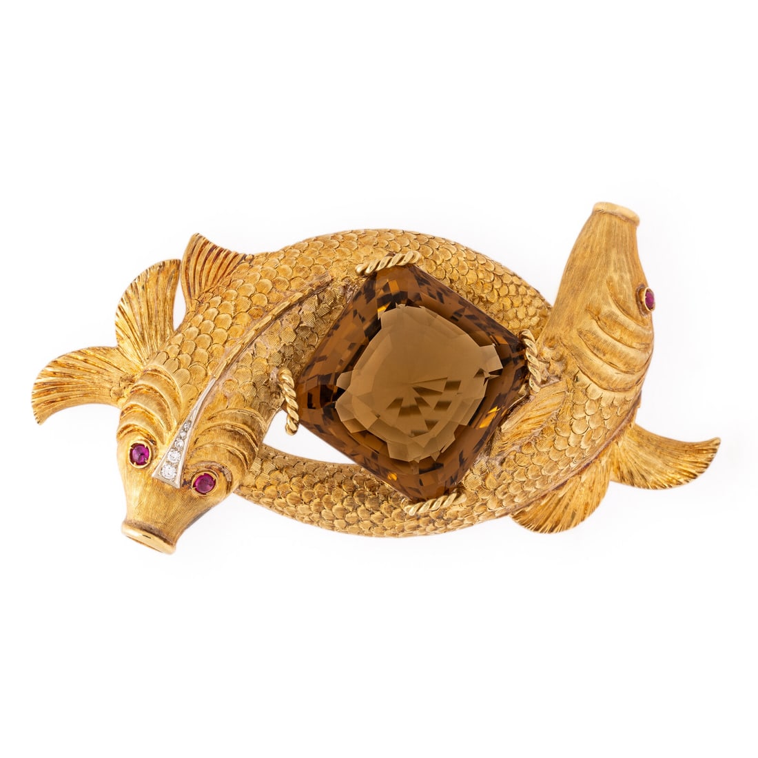 Yellow Gold and Citrine Koi Fish Brooch: Yellow Gold and Citrine Koi Fish Brooch Square mixed cut citrine weighing approximately 55.00 carats by formula, round cabochon rubies, and round brilliant and single cut diamonds. Yellow gold. 3 1/2 