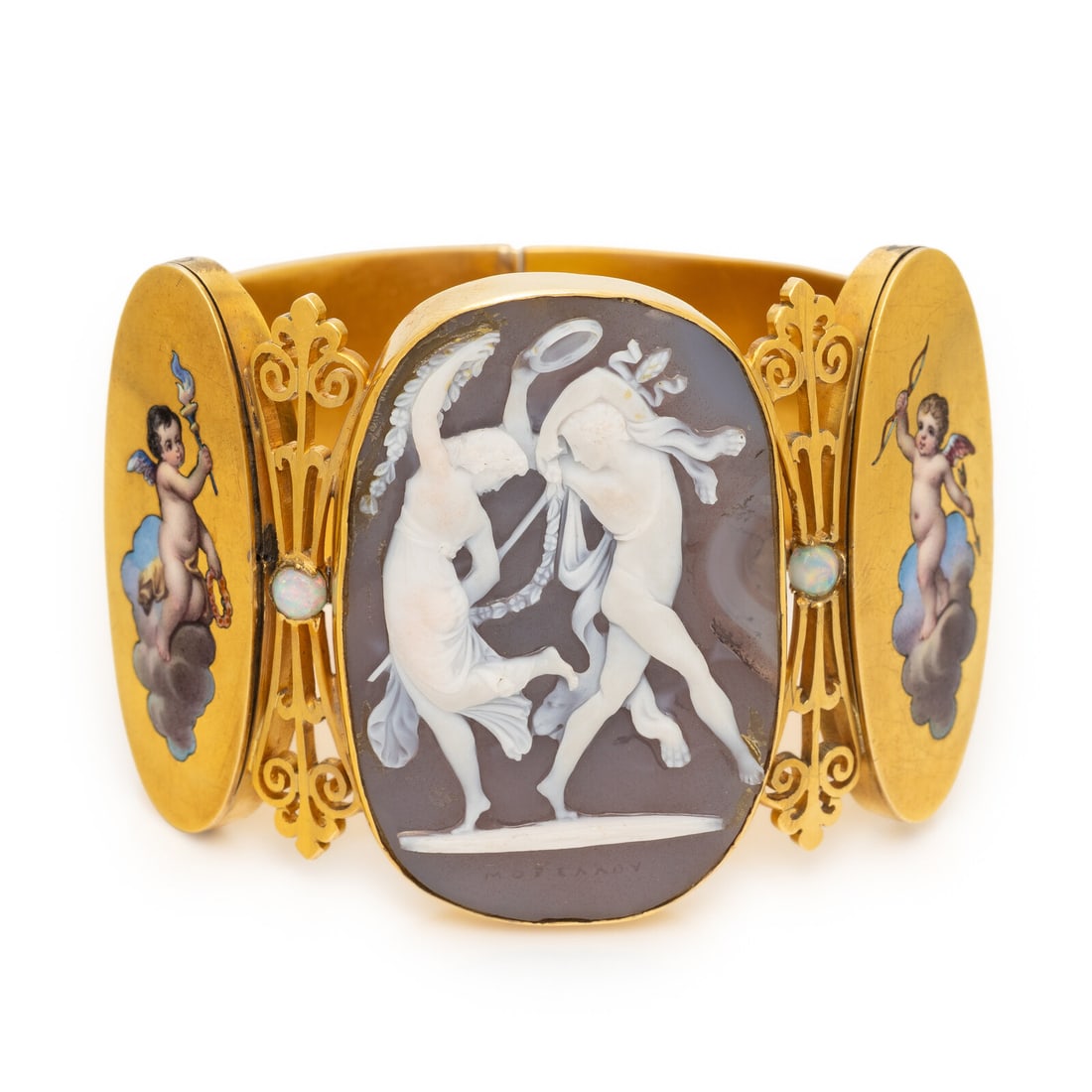 Yellow Gold, Enamel, and Cameo Bangle Bracelet: Yellow Gold, Enamel, and Cameo Bangle Bracelet Cameo measuring approximately 29.50 x 45.00 mm, round cabochon opals, and polychrome enamel, hinged with clasp. Yellow gold. 6 1/4 inches inner circumfer