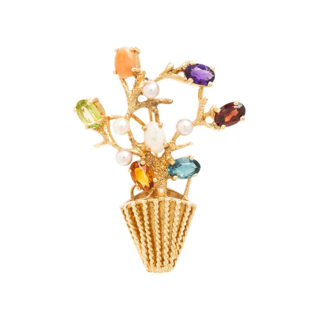 Multigem and Yellow Gold Flower Pot Brooch: Multigem and Yellow Gold Flower Pot Brooch Variously colored oval gemstones including peridot, amethyst, garnet, and citrine, seed pearls, and oval cabochon coral and opal. 14 karat yellow gold. 1