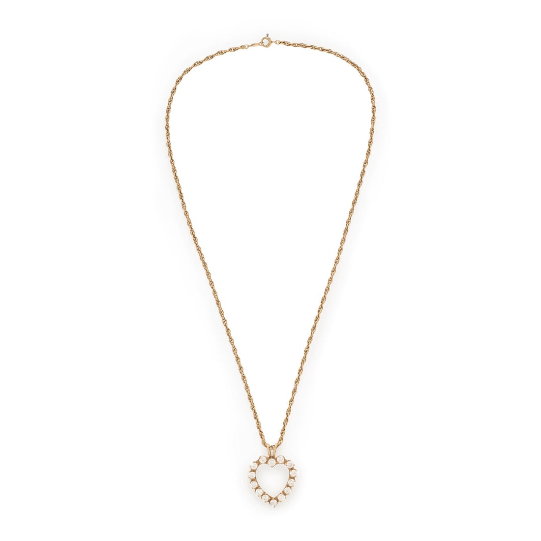 Yellow Gold and Colorless Crystal Heart Pendant Necklace: Yellow Gold and Colorless Crystal Heart Pendant Necklace Round colorless crystals. 14 karat yellow gold. Chain: 16 5/8 inches long. Pendant: 1 inch long. Stamp: 14KT (maker's mark) 14KT. Gross