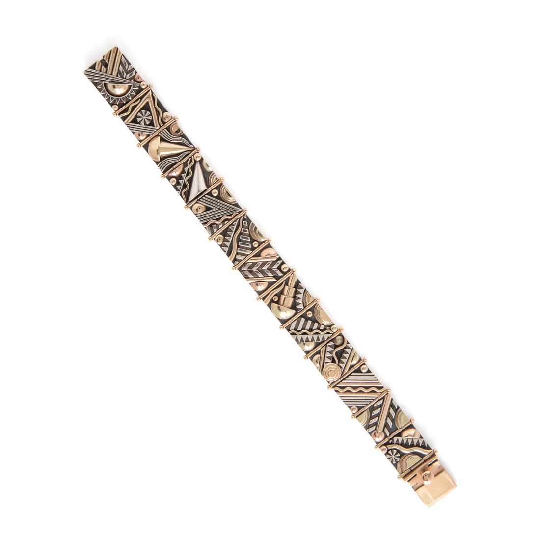 Aaron Macsai, Yellow Gold and Silver Geometric Bracelet: Aaron Macsai, Yellow Gold and Silver Geometric Bracelet Yellow gold and silver. 6 7/8 inches long. Engraved: A. Macsai '90. Gross weight: 27.35 dwt. The Property of an Evanston Lady This lot is