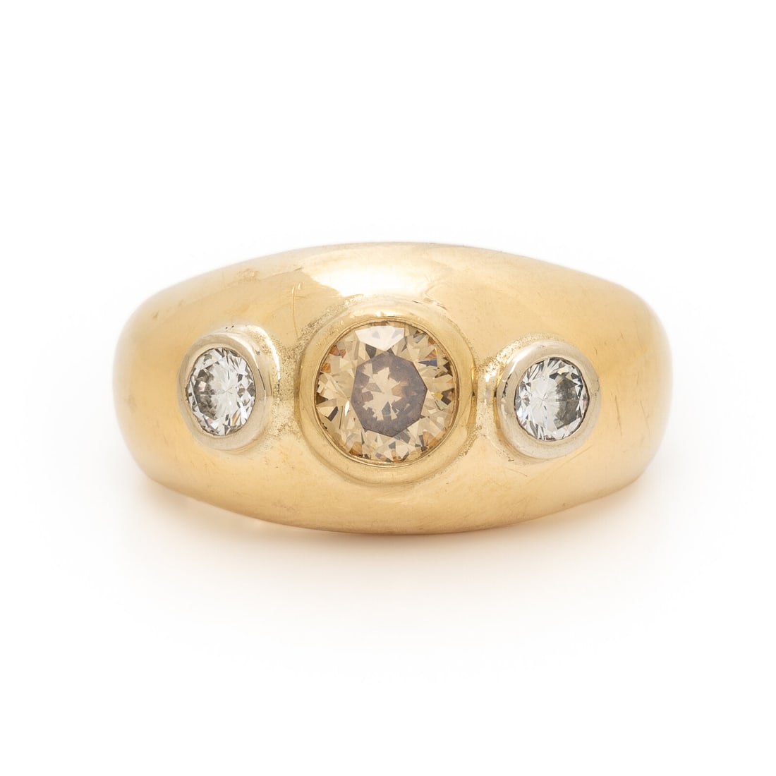 Colored Diamond, Diamond, and Yellow Gold Ring: Colored Diamond, Diamond, and Yellow Gold Ring Round brilliant cut light brown diamond (origin of color not tested) weighing approximately 0.75 carat, and round brilliant cut diamonds weighing