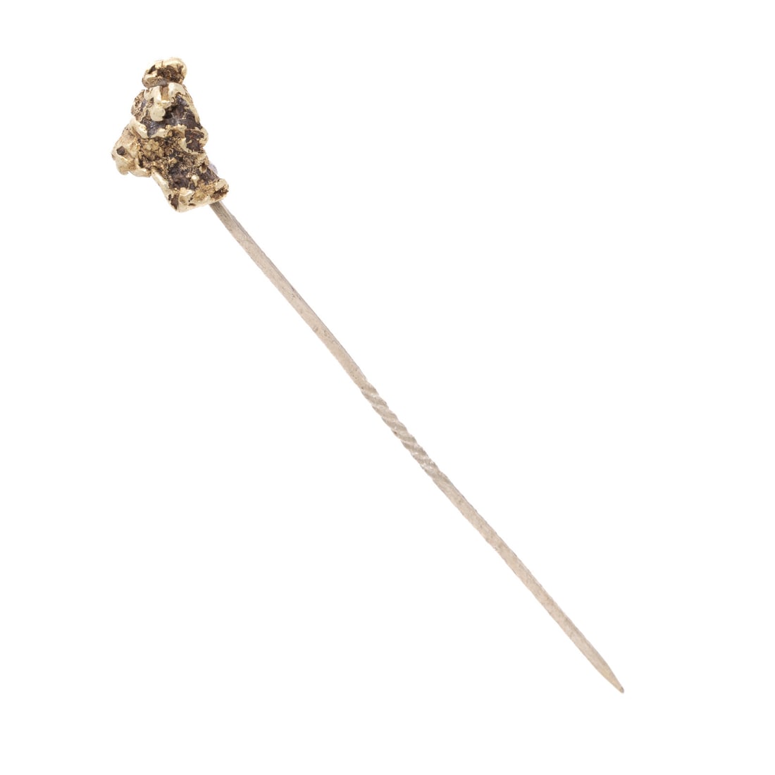Antique, Gold Nugget and Low-Karat Yellow Gold Stickpin: Antique, Gold Nugget and Low-Karat Yellow Gold Stickpin Gold nugget. Low-karat yellow gold. 2 3/4 inches long. Gross weight: 1.35 dwt. Accompanied by an antique fitted box. This lot is located in Chic