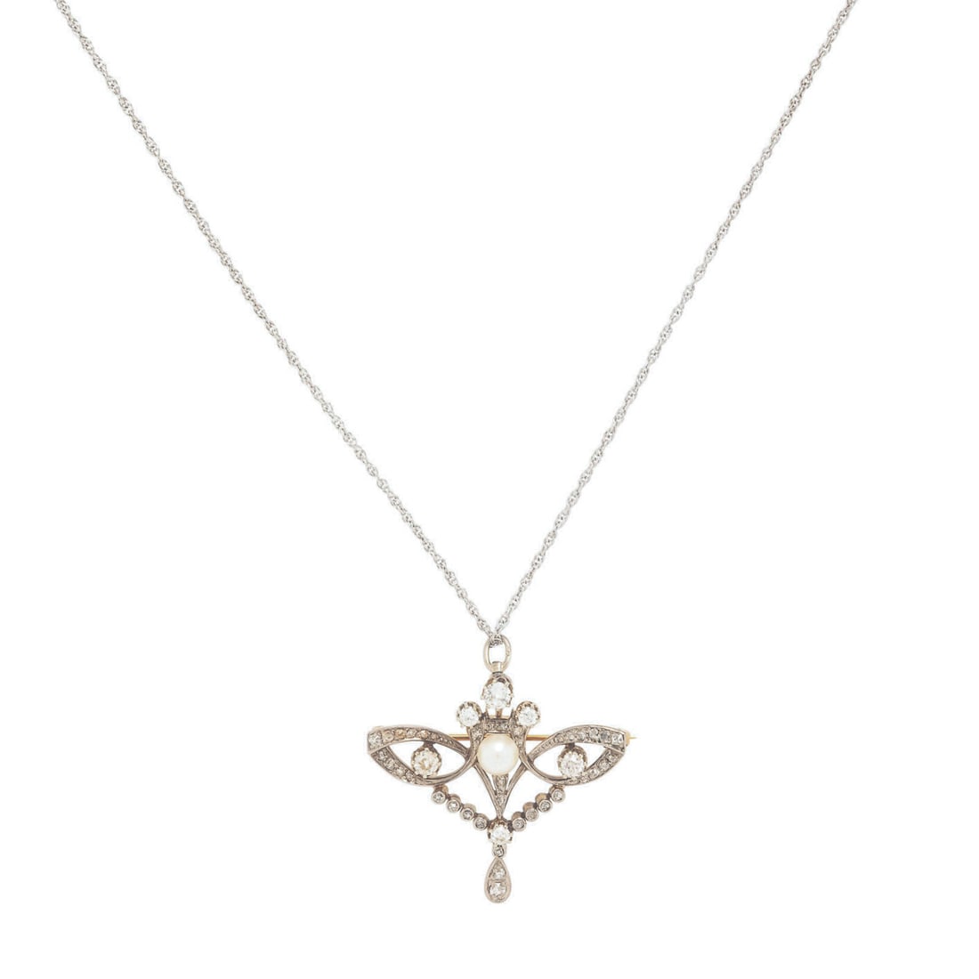 Antique, Cultured Pearl and Diamond Pendant Brooch Necklace: Antique, Cultured Pearl and Diamond Pendant Brooch Necklace Including a pendant brooch with transitional, old European, old mine, and single cut diamonds weighing approximately 1.40 carats total, two