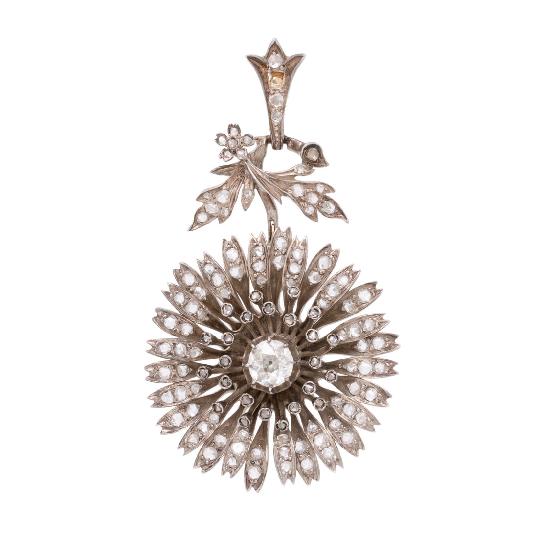 Antique, Diamond Flower Pendant: Antique, Diamond Flower Pendant Old mine, rose, and round brilliant cut diamonds. Silver-topped low-karat gold. 2 1/2 inches long. Gross weight: 11.00 dwt. This lot is located in Chicago.