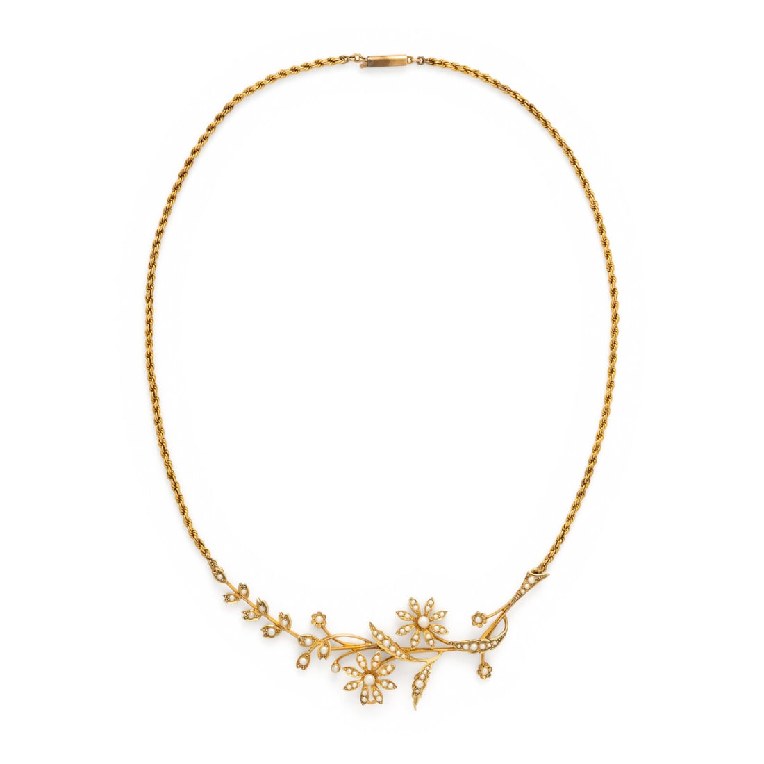 Art Nouveau, Seed Pearl and Yellow Gold Flower Necklace: Art Nouveau, Seed Pearl and Yellow Gold Flower Necklace Seed pearls. 15 karat yellow gold. 16 3/4 inches long. Stamp: 15CT. Gross weight: 8.75 dwt. This lot is located in Chicago.