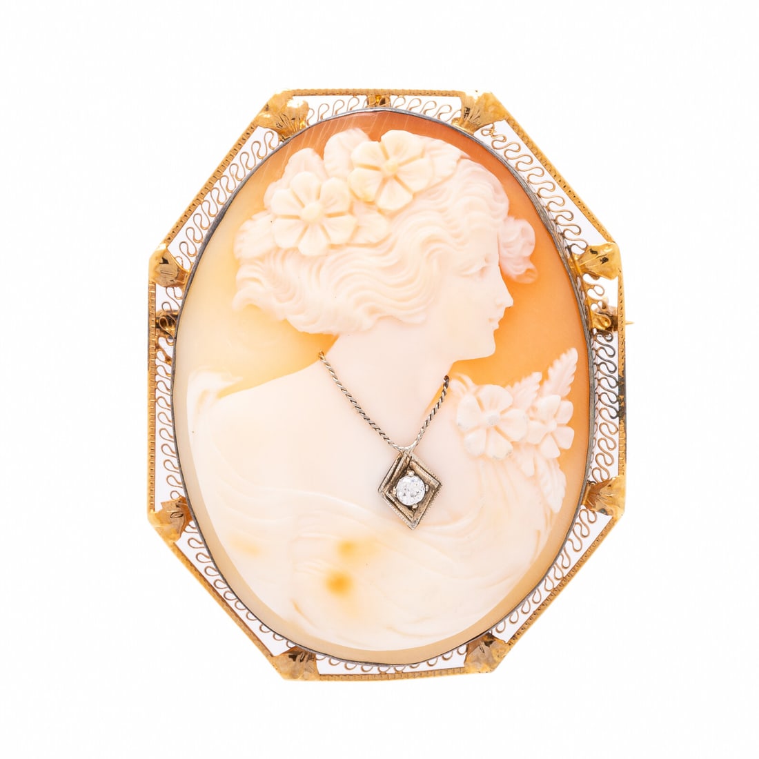 Shell Cameo and Yellow Gold Pendant Brooch: Shell Cameo and Yellow Gold Pendant Brooch Shell cameo measuring approximately 45.50 x 34.00 mm, and an old European cut diamond. 14 karat yellow gold. 2 x 1 1/2 inches. Stamp: 14K. Gross weight: