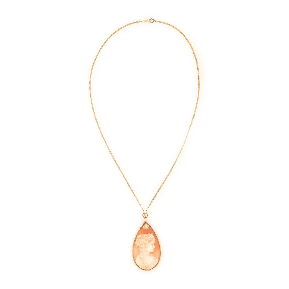 Cameo and Yellow Gold Pendant Necklace: Cameo and Yellow Gold Pendant Necklace Cameo pendant. 14 karat yellow gold. 20 inches long with a 2 1/2 inch drop. Pendant stamp: K14. Chain stamp: 14KT (maker's mark) 1/2012. Gross weight: 11.30 dwt.