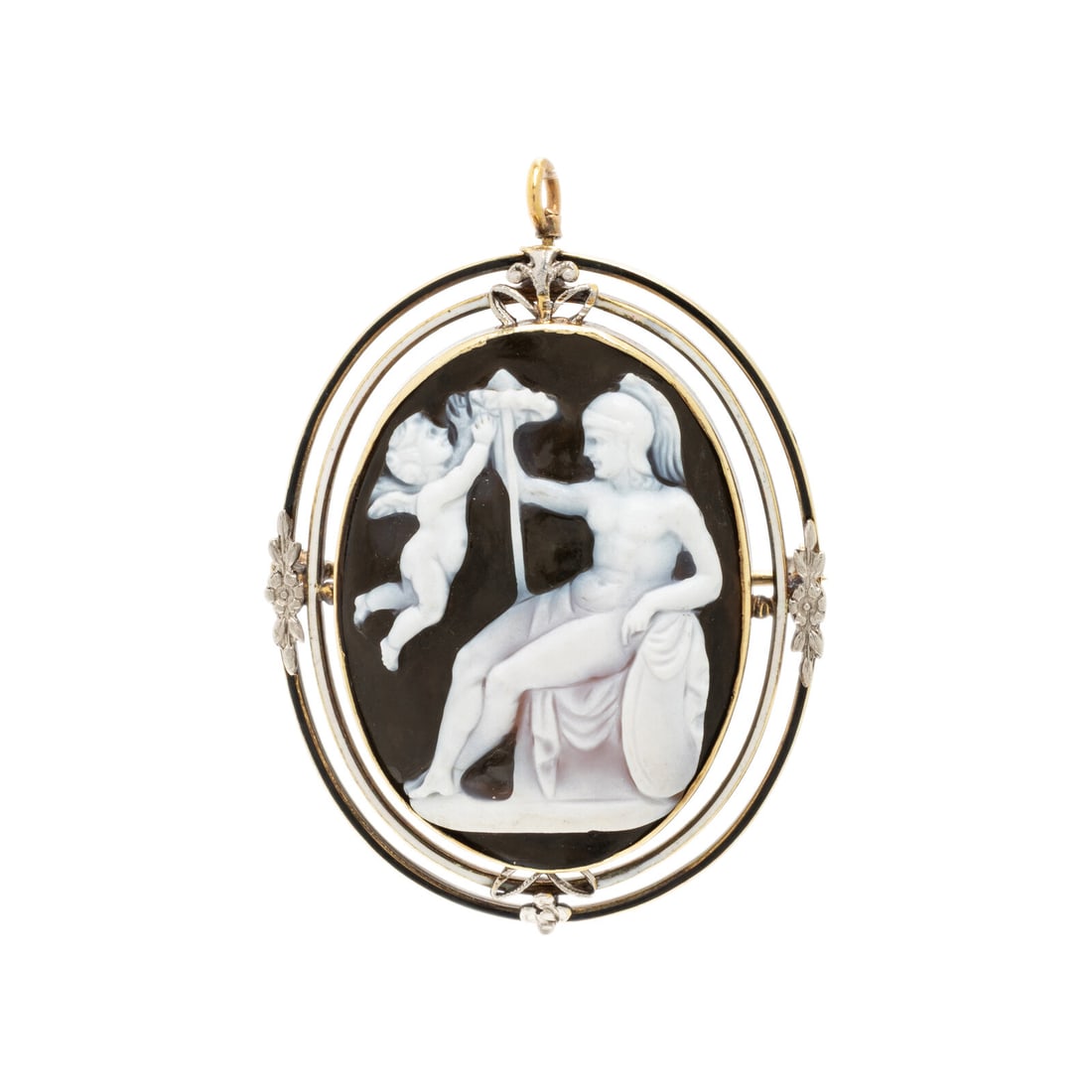 Agate Cameo and Yellow Gold Pendant Brooch: Agate Cameo and Yellow Gold Pendant Brooch Oval cabochon agate cameo measuring approximately 28.75 x 21.25 mm, and black and white enamel. 14 karat yellow gold with white gold accents. 1 1/2 x 1 1/8 i