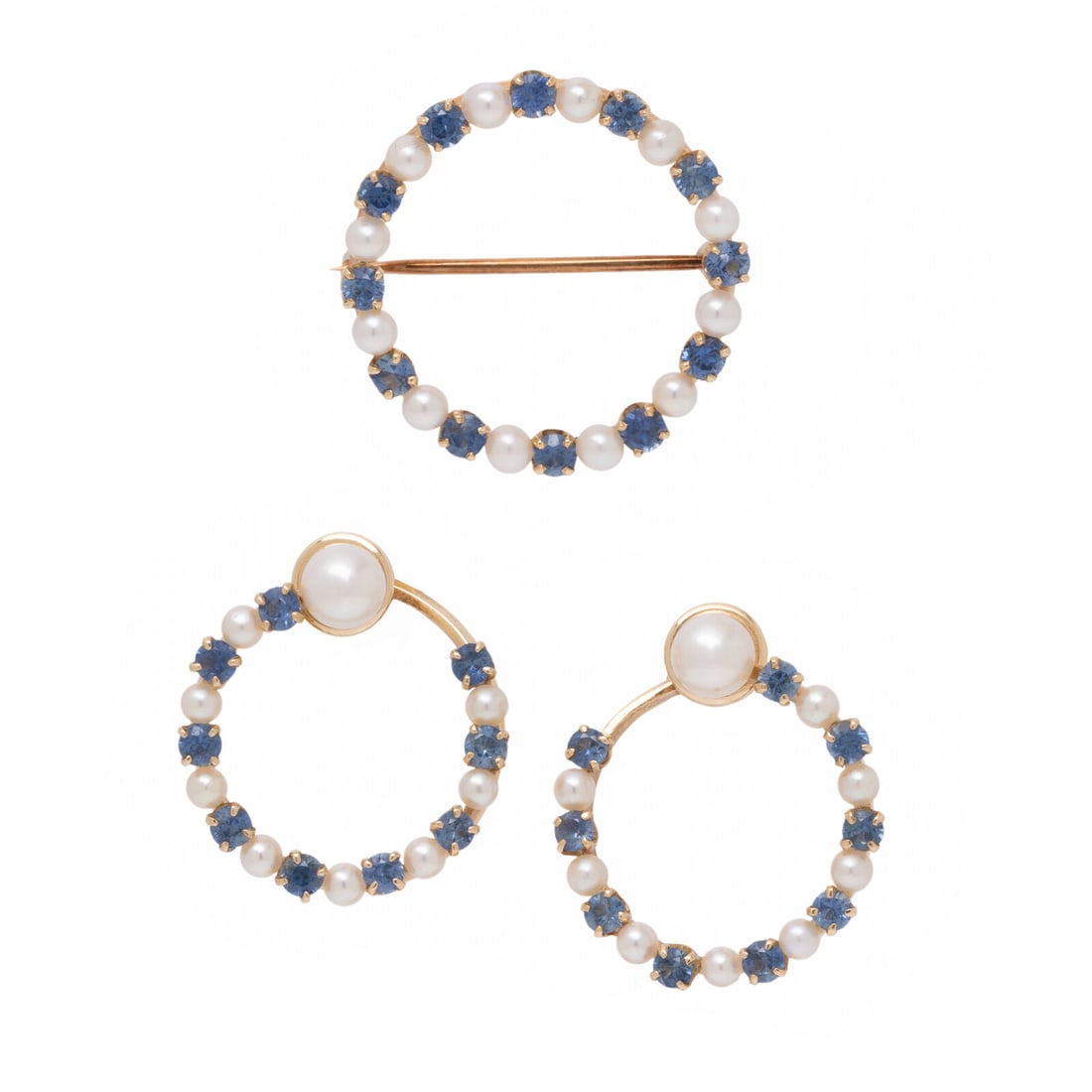 Fisher & Co., Sapphire, Cultured Pearl, and Yellow Gold Brooch and Earrings Set (1 of 3)