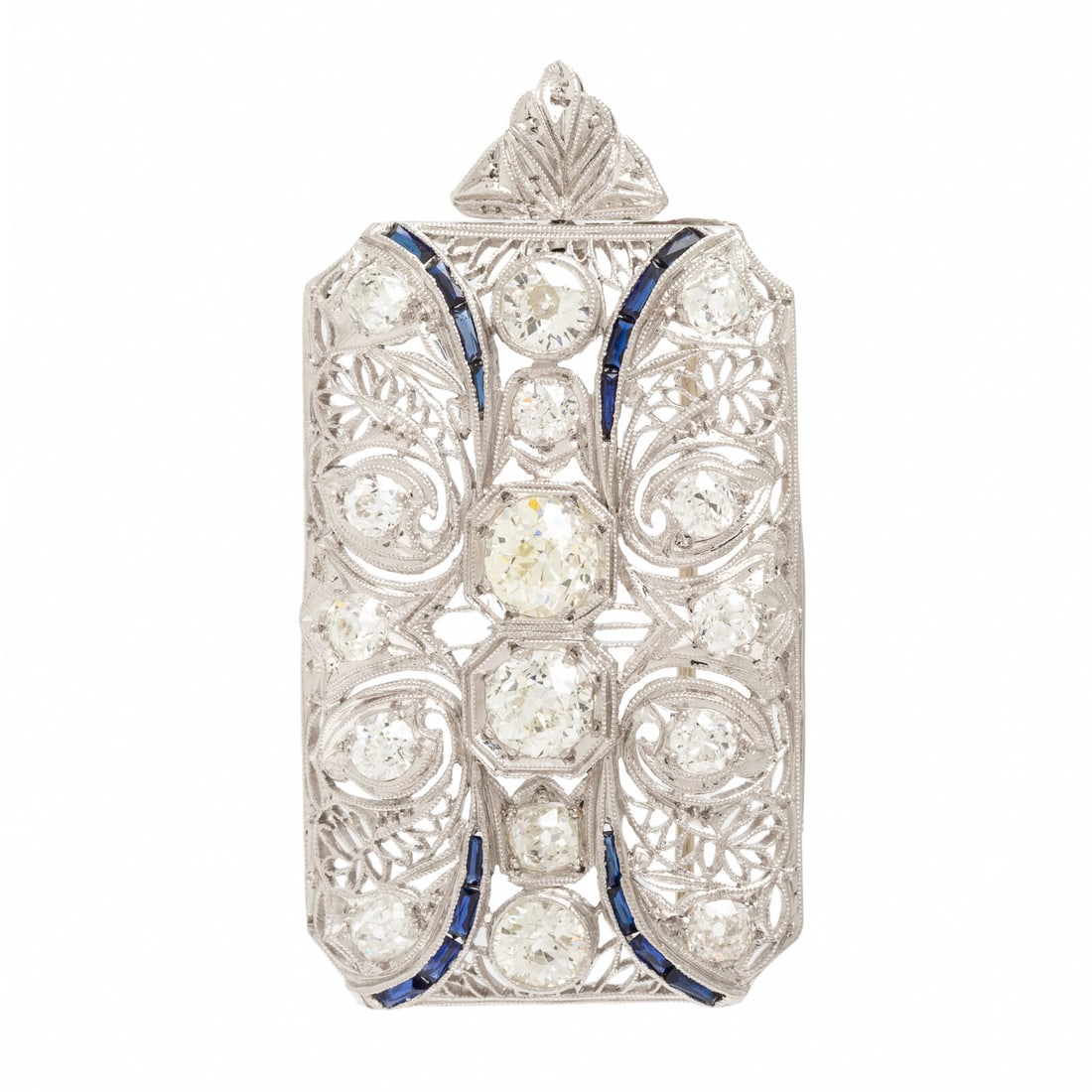 Art Deco, Diamond and Synthetic Sapphire Pendant Brooch: Art Deco, Diamond and Synthetic Sapphire Pendant Brooch Old European and old mine cut diamonds weighing approximately 3.90 - 4.20 carats total, and rectangular French cut synthetic sapphires.