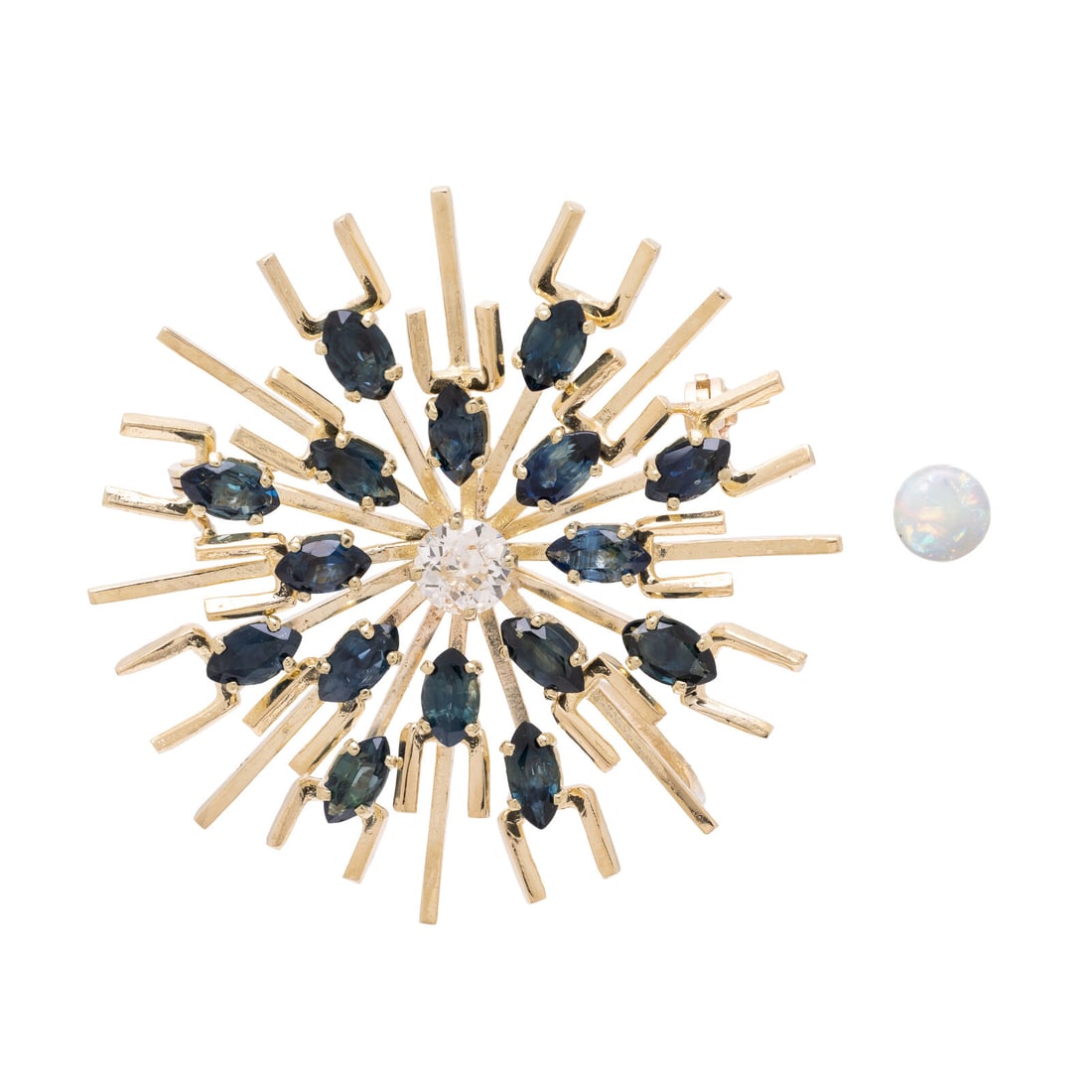 Sapphire, Diamond, and Yellow Gold Pendant Brooch, with a Loose Opal: Sapphire, Diamond, and Yellow Gold Pendant Brooch, with a Loose Opal Marquise cut sapphires, a round brilliant cut diamond weighing approximately 0.70 carat, and a loose opal, which can be