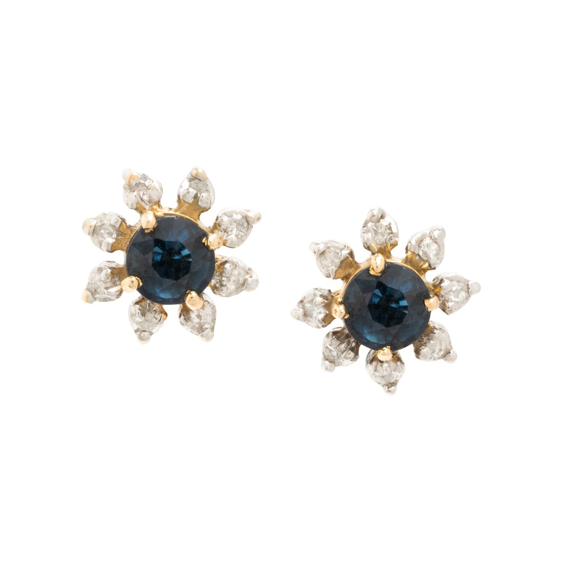 Sapphire, Diamond, and Bicolor Gold Earrings: Sapphire, Diamond, and Bicolor Gold Earrings Round sapphires measuring approximately 4.25 x 4.25 mm and single cut diamonds. Yellow and white gold. 1/4 inch long. Gross weight: 1.40 dwt. This lot is
