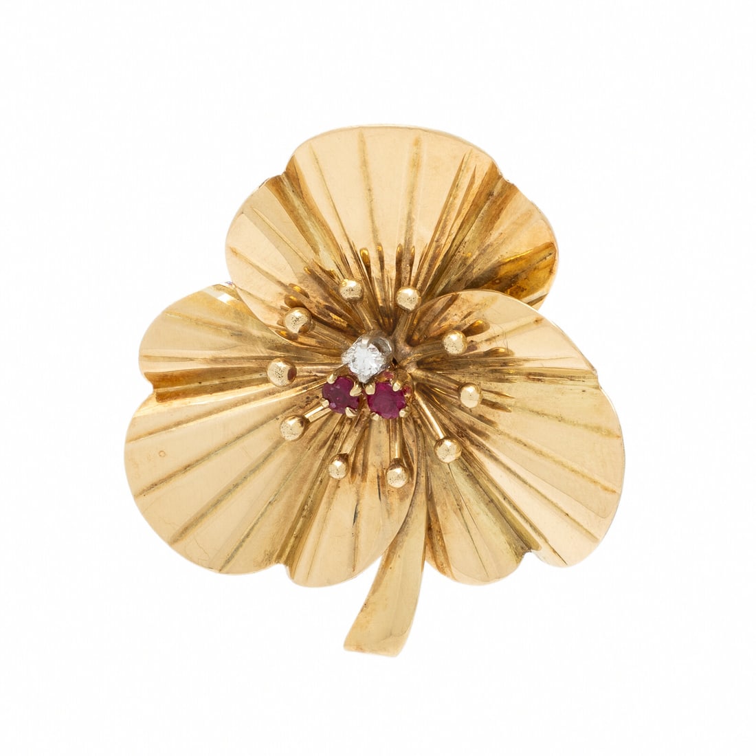 Yellow Gold, Ruby, and Diamond Clover Brooch (1 of 2)