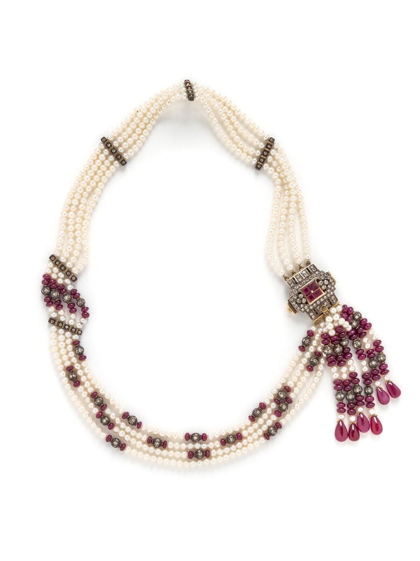 Cultured Pearl, Ruby, and Diamond Tassel Necklace: Cultured Pearl, Ruby, and Diamond Tassel Necklace Cultured pearls measuring approximately 3.00 - 3.50 mm, square cut ruby and ruby beads, and round brilliant cut diamonds weighing approximately 3.75 c