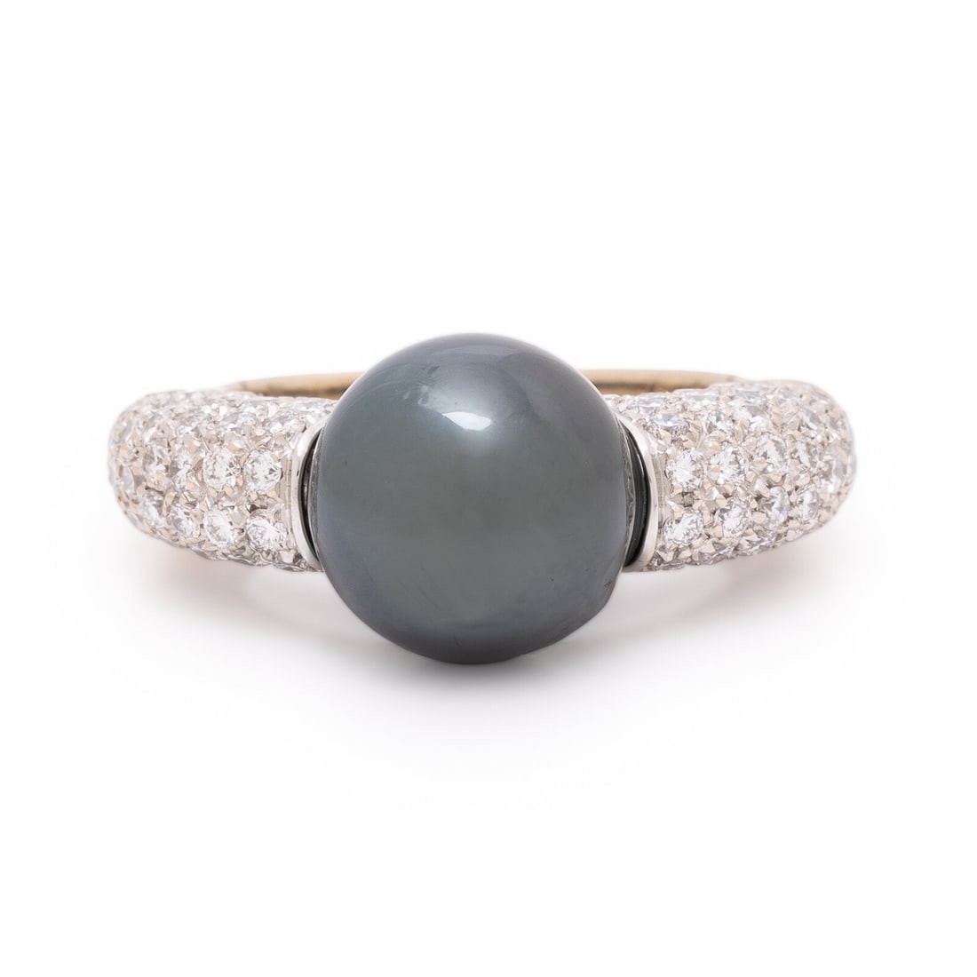 Cultured Gray Pearl, Diamond, and White Gold Ring: Cultured Gray Pearl, Diamond, and White Gold Ring Cultured gray (origin of color not tested) pearl measuring approximately 11.00 mm, and round brilliant cut diamonds weighing approximately 1.15 carats