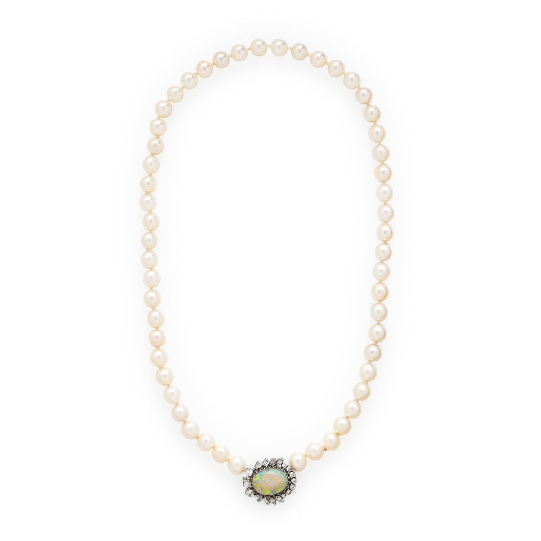 Cultured Pearl, Opal, and Diamond Necklace: Cultured Pearl, Opal, and Diamond Necklace Cultured pearls measuring approximately 7.75 - 8.00 mm, oval cabochon opal measuring approximately 16.25 x 13.30 x 6.20 mm, and round brilliant, marquise, an