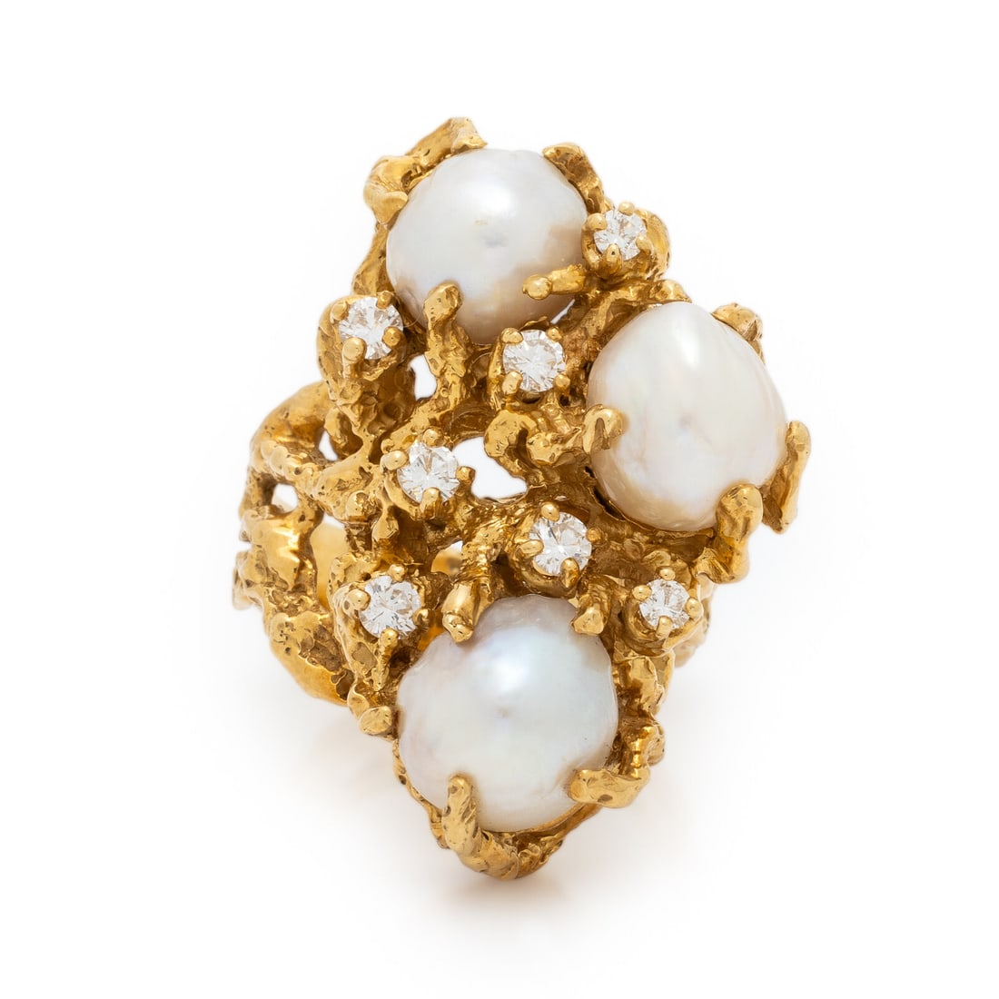 Arthur King, Cultured Biwa Pearl, Diamond, and Yellow Gold Ring: Arthur King, Cultured Biwa Pearl, Diamond, and Yellow Gold Ring Cultured biwa pearls measuring approximately 10.00 - 10.50 mm and round brilliant cut diamonds weighing approximately 0.60 carat total. 