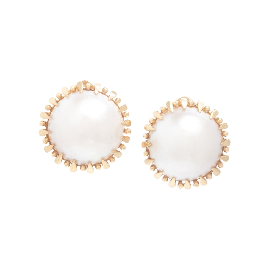 Mabé Pearl and Yellow Gold Earrings: Mabé Pearl and Yellow Gold Earrings Mabé pearls measuring approximately 14.25 mm. 14 karat yellow gold. 5/8 inch long. Stamp: 14K. Gross weight: 6.65 dwt. This lot is located in Chicago.
