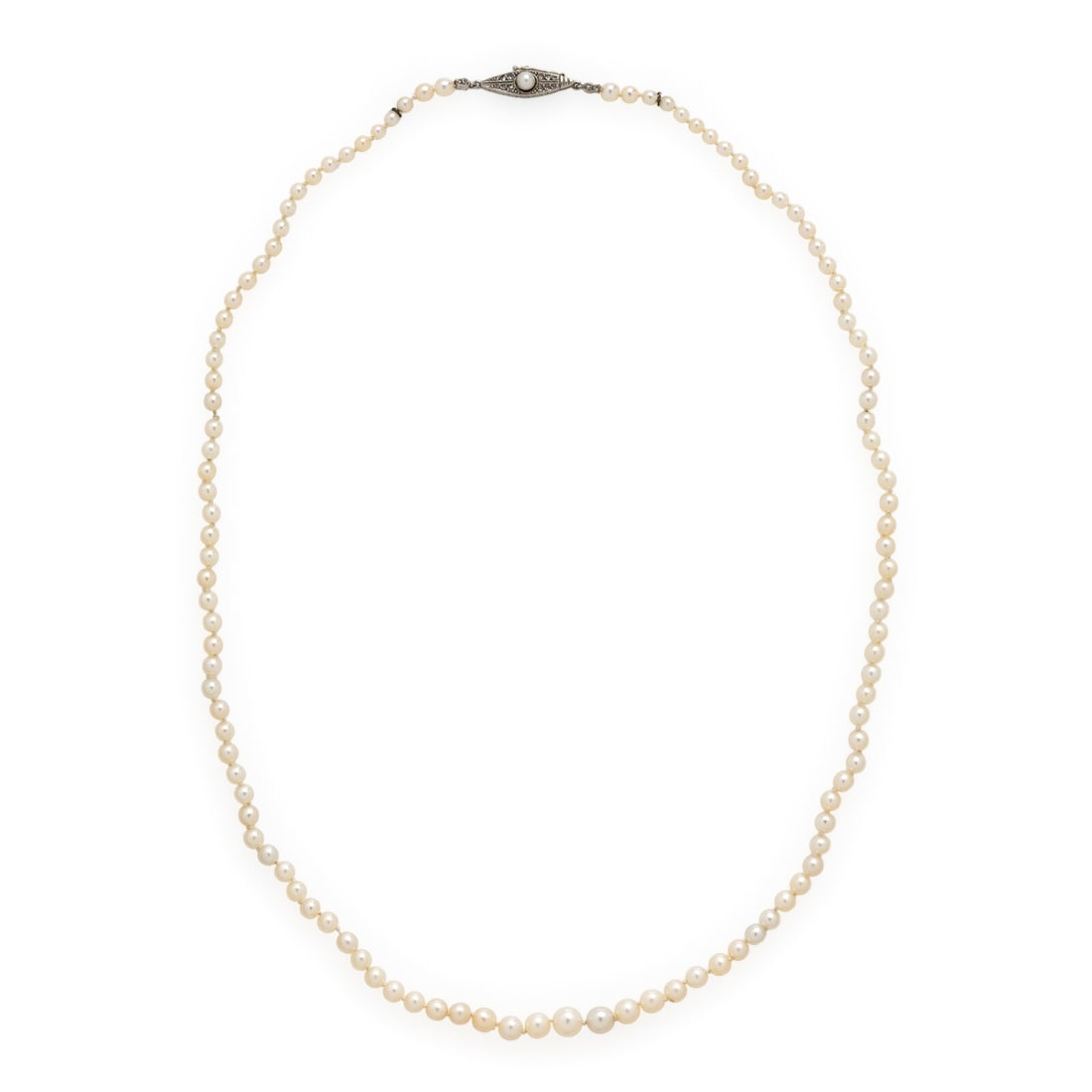 Cultured Pearl Necklace with Diamond and Platinum Clasp: Cultured Pearl Necklace with Diamond and Platinum Clasp Graduated cultured pearls measuring approximately 2.70 - 5.75 mm, the clasp set with rose cut diamonds. Platinum. 20 1/2 inches long. Gross weig