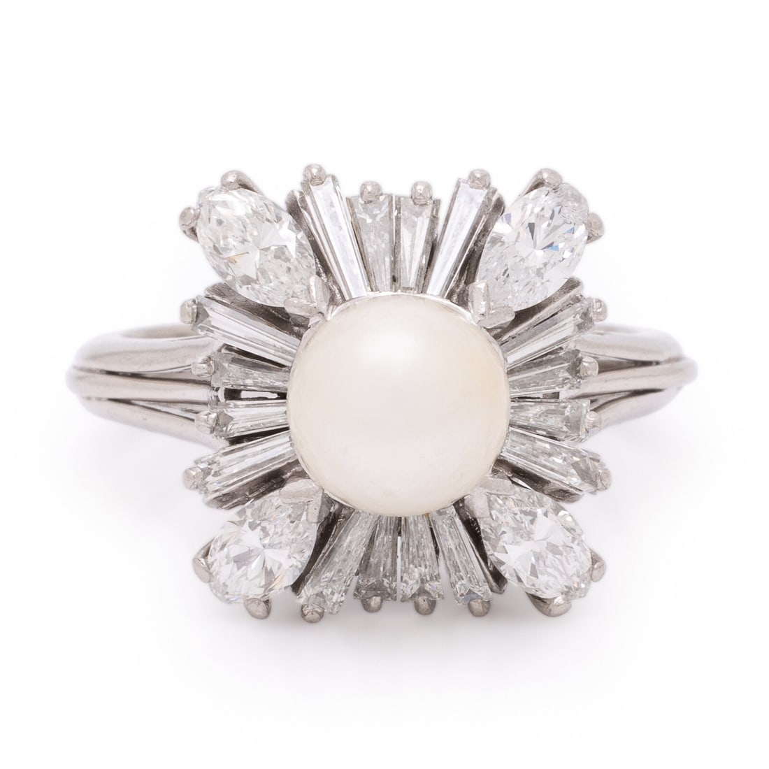 Cultured Pearl, Diamond, and Platinum Ring: Cultured Pearl, Diamond, and Platinum Ring Cultured pearl measuring approximately 7.50 mm, and marquise and tapered baguette cut diamonds weighing approximately 1.25 carats total. Platinum. Ring size 