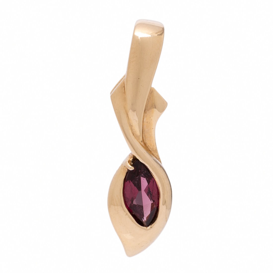Yellow Gold and Garnet Slide Pendant: Yellow Gold and Garnet Slide Pendant Marquise cut garnet weighing approximately 0.95 carat by formula. 14 karat yellow gold. 1 1/4 inches long. Stamp: 14K (maker's mark). Gross weight: 2.55 dwt. From