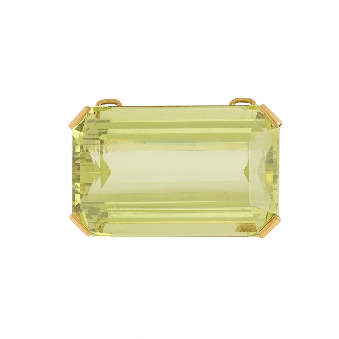 Green Beryl and Yellow Gold Pendant: Green Beryl and Yellow Gold Pendant Emerald cut green beryl weighing approximately 66.00 carats by formula. Yellow gold. 1 1/4 x 3/4 inches. Gross weight: 12.45 dwt. This lot is located in Chicago.