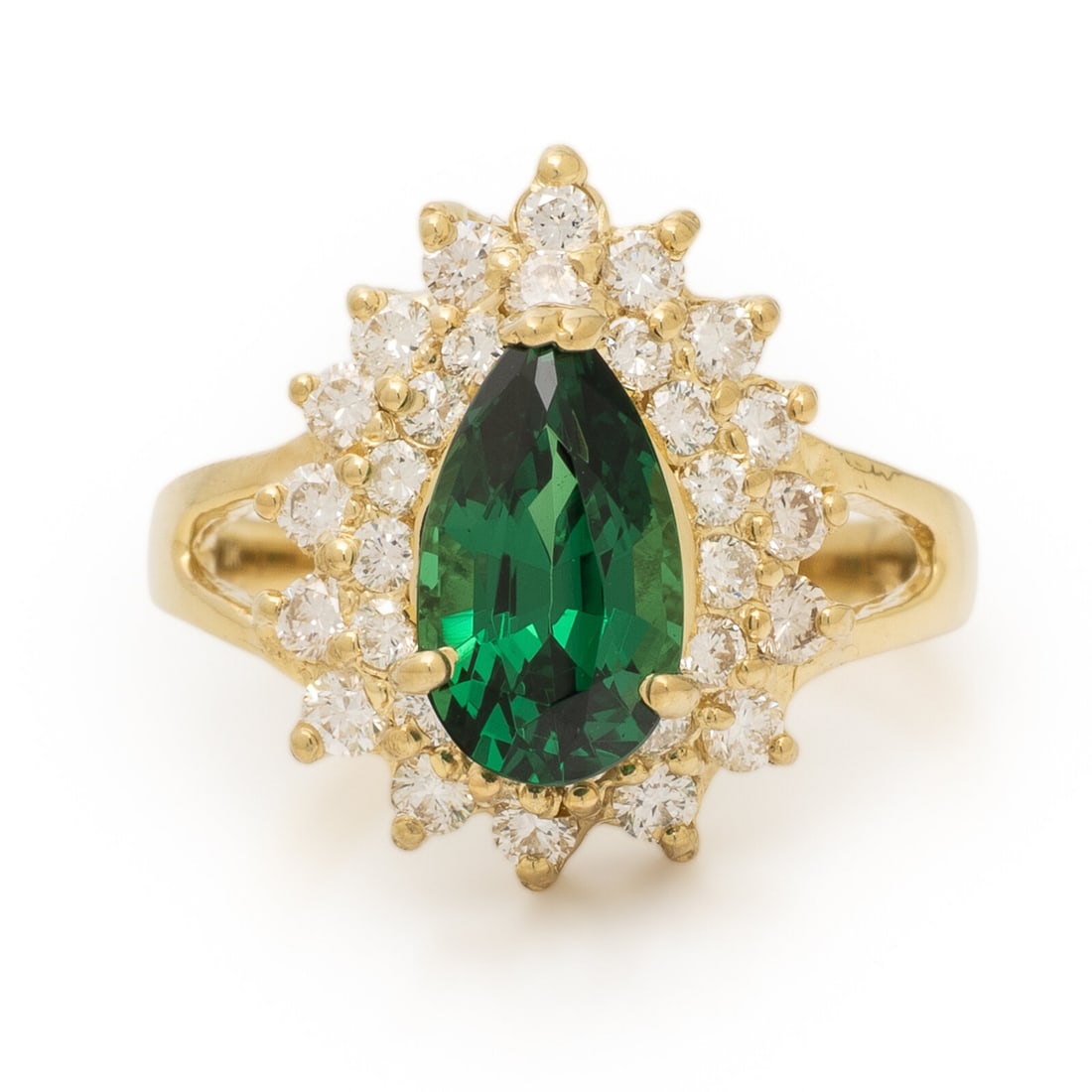 Tsavorite Garnet, Diamond, and Yellow Gold Ring: Tsavorite Garnet, Diamond, and Yellow Gold Ring Pear shape tsavorite garnet weighing approximately 1.55 carats by formula, and round brilliant cut diamonds weighing approximately 0.60 carat total. 18