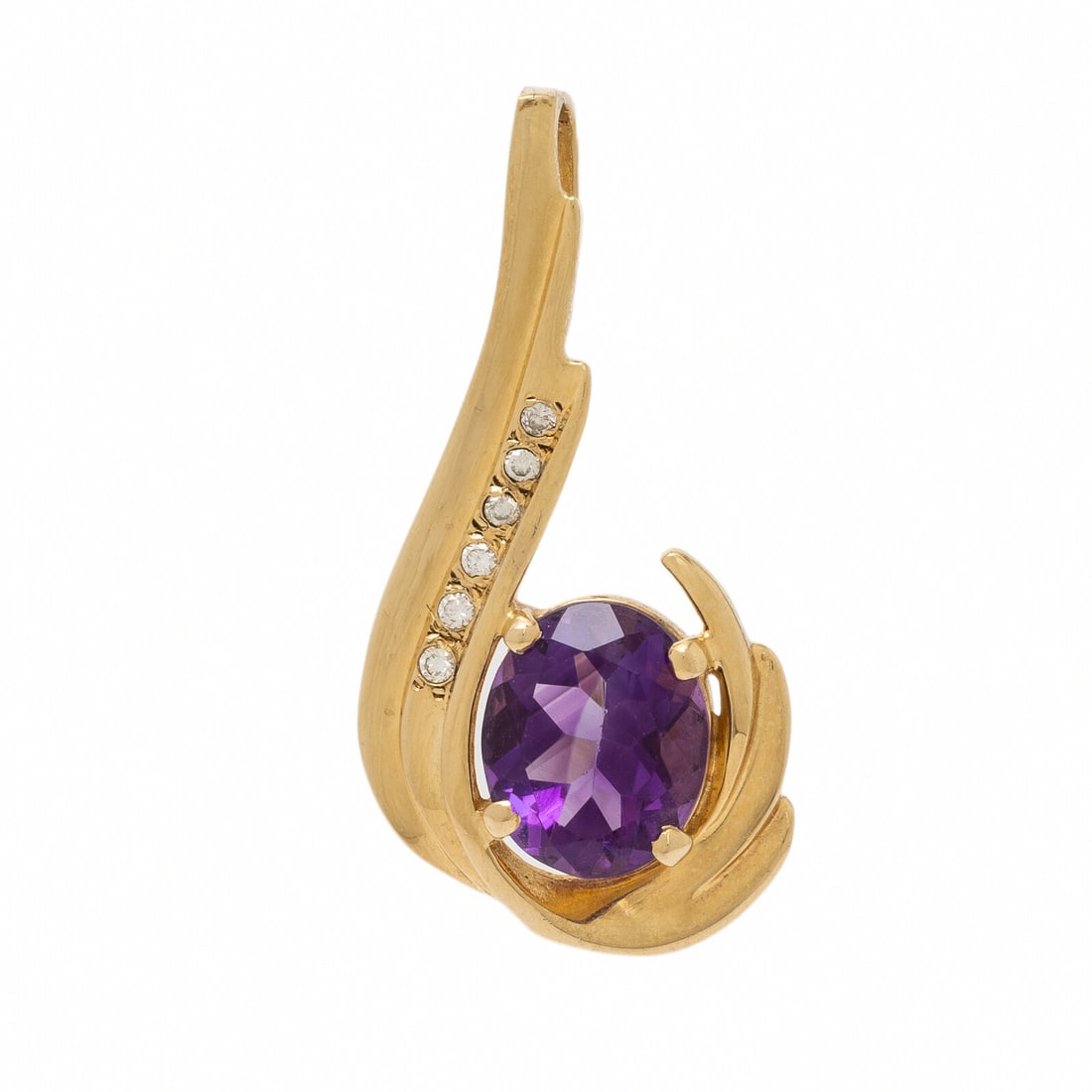 Amethyst, Diamond, and Yellow Gold Pendant: Amethyst, Diamond, and Yellow Gold Pendant Oval amethyst weighing approximately 2.80 carats by formula, and round brilliant cut diamonds. 14 karat yellow gold. 1 1/4 inches long. Stamp: 14K. Gross