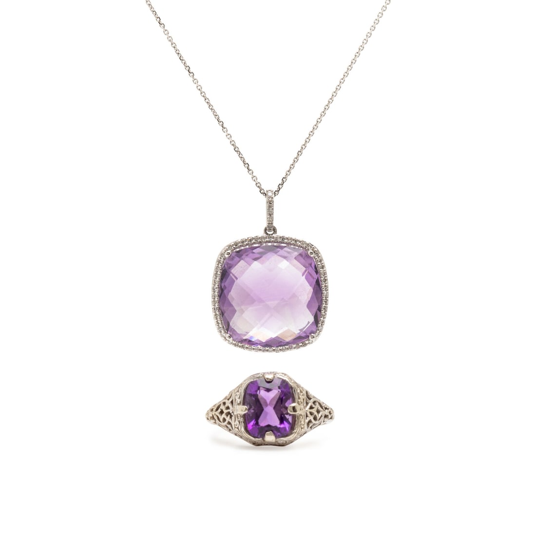 Amethyst and White Gold Pendant Necklace and Ring: Amethyst and White Gold Pendant Necklace and Ring Including a pendant necklace and a ring, the pendant set with a checkerboard faceted cushion cut amethyst measuring approximately 21.10 x 21.10 x 7.60