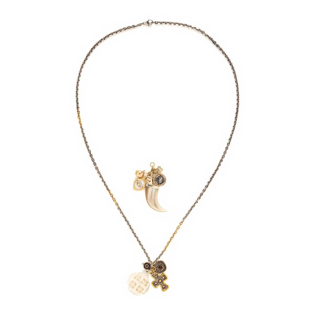 Silver, Yellow Gold, and Multigem Charm Necklace and Chatelaine: Silver, Yellow Gold, and Multigem Charm Necklace and Chatelaine Carved mother-of-pearl, round brilliant cut diamonds, sugarloaf cabochon orange stone, and polychrome enamel. Silver and yellow gold. Ne