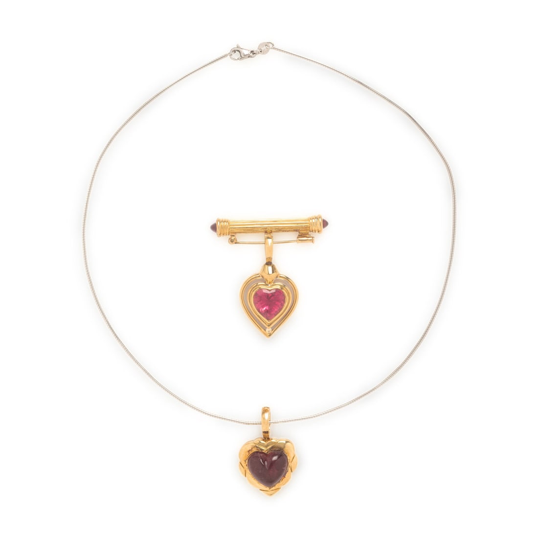 Two Multigem and Yellow Gold Pendants and a Platinum Chain: Two Multigem and Yellow Gold Pendants and a Platinum Chain Including a pendant with a heart shape pink tourmaline measuring approximately 11.65 x 11.10 x 6.60 mm, a round brilliant cut diamond, and