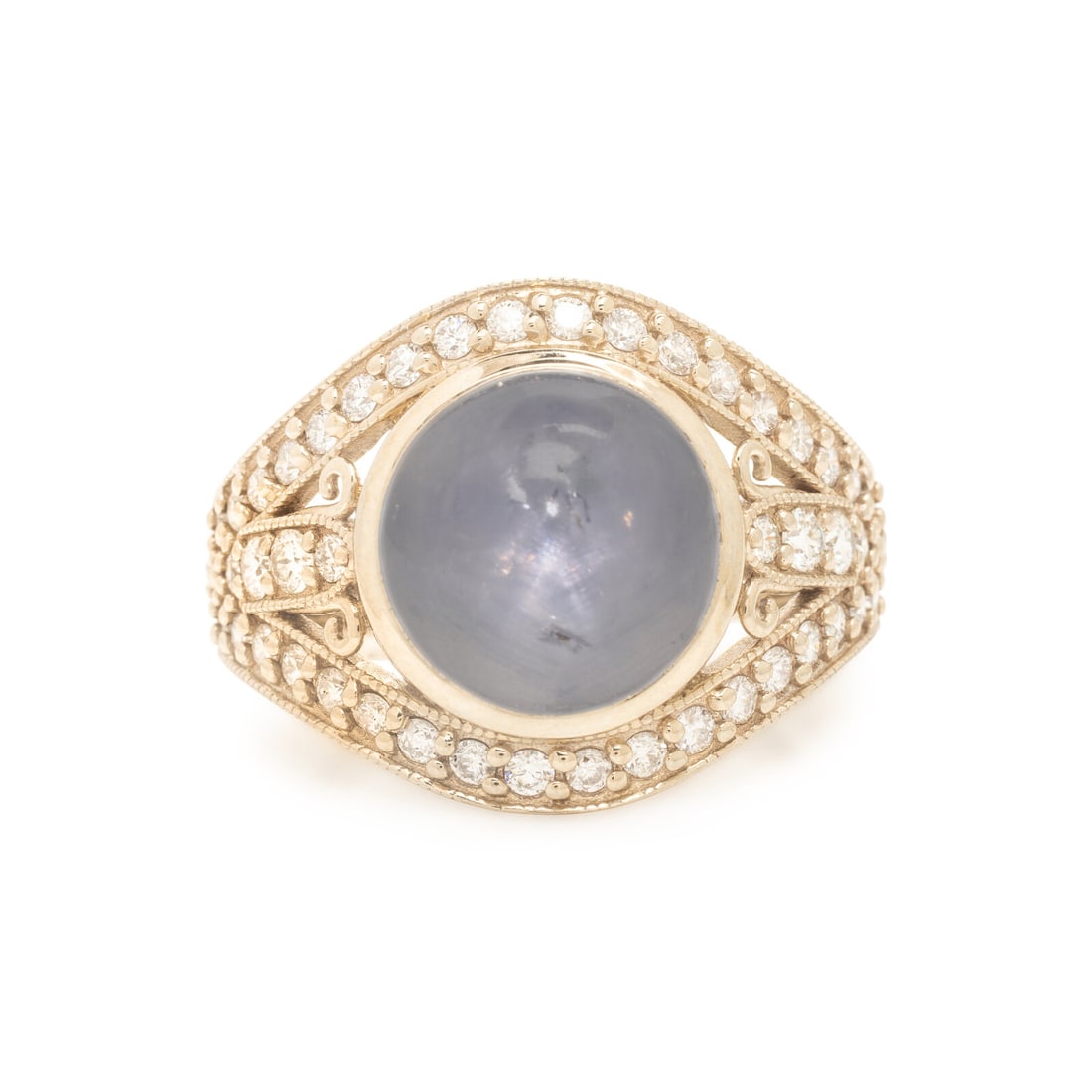 Star Sapphire, Diamond, and White Gold Ring: Star Sapphire, Diamond, and White Gold Ring Round cabochon star sapphire weighing approximately 10.00 carats by formula, and round brilliant cut diamonds. 14 karat white gold. Ring size 6 3/4. Stamp: