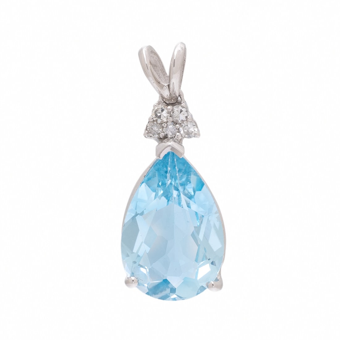 Blue Topaz, Diamond, and White Gold Pendant: Blue Topaz, Diamond, and White Gold Pendant Pear shape blue topaz weighing approximately 4.70 carats by formula, and round brilliant cut diamonds weighing approximately 0.10 carat total. 14 karat whit