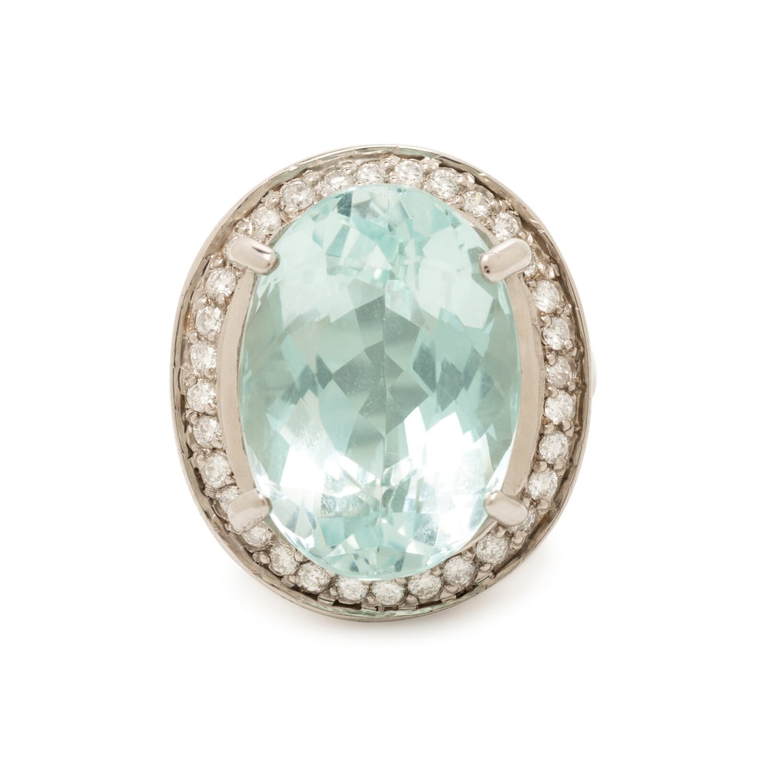 Aquamarine, Diamond, and White Gold Ring: Aquamarine, Diamond, and White Gold Ring Oval aquamarine weighing approximately 12.75 carats by formula, and round brilliant cut diamonds weighing approximately 0.45 carat total. Ring size 6. Stamp: