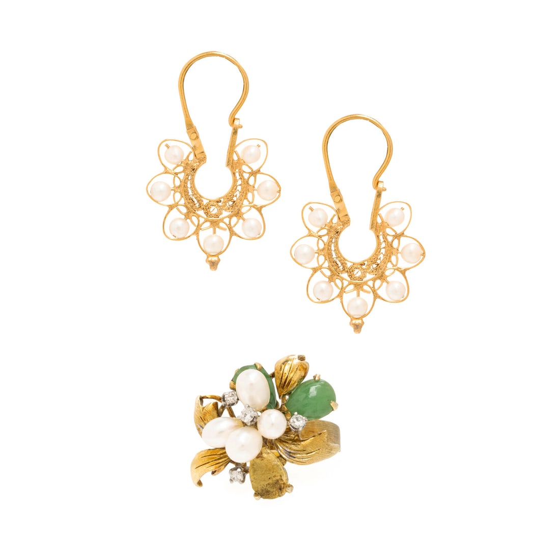 Multigem Earrings and Ring: Multigem Earrings and Ring The earrings set with seed pearls, and the ring set with cultured baroque pearls, pear cabochon jade and single cut diamonds. Low-karat yellow gold and 18 karat yellow