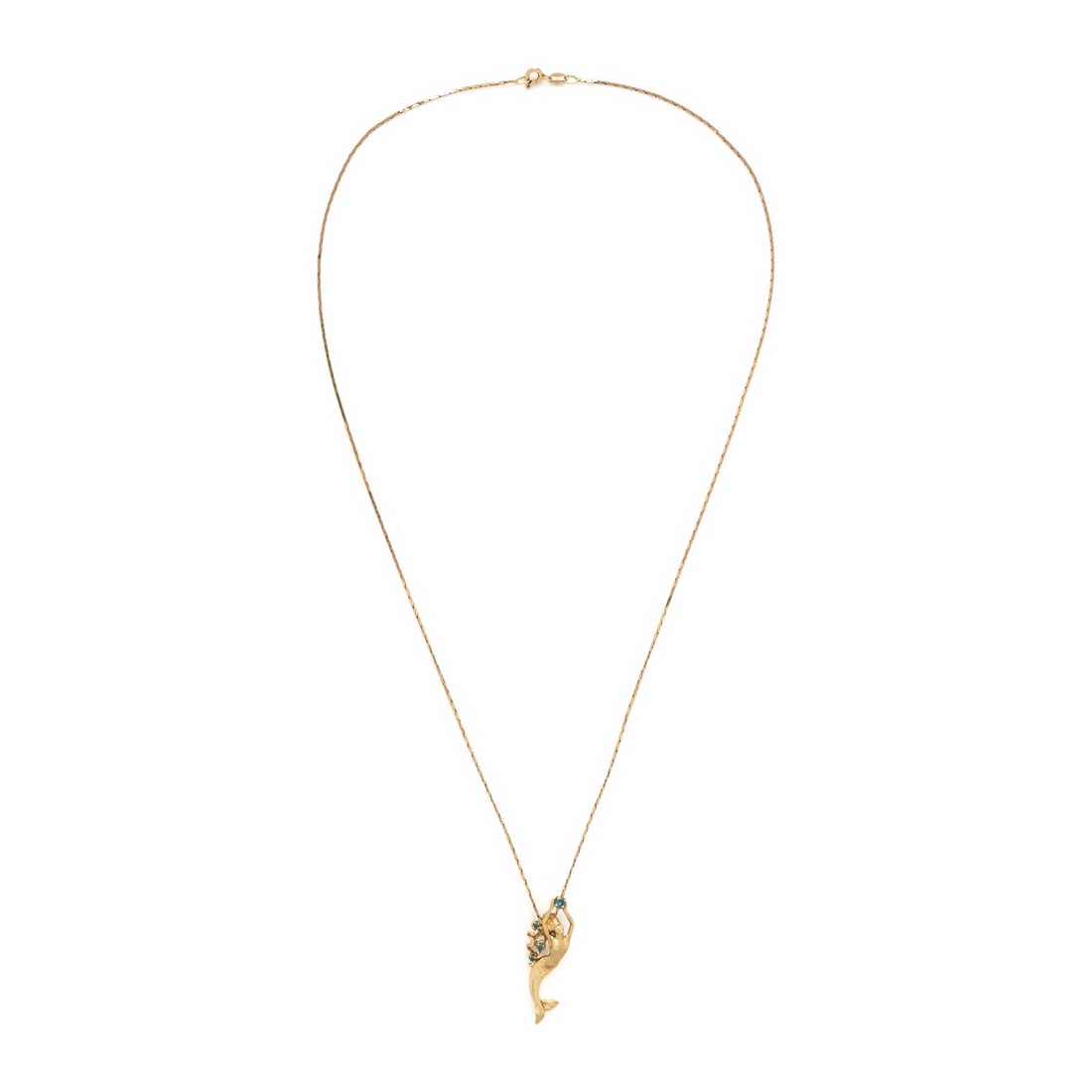 Steven Douglas, Treated Blue Diamond and Yellow Gold Mermaid Pendant Necklace: Steven Douglas, Treated Blue Diamond and Yellow Gold Mermaid Pendant Necklace The pendant set with round brilliant cut treated blue diamonds, on an unsigned chain. 14 karat yellow gold. 22 1/2 inches