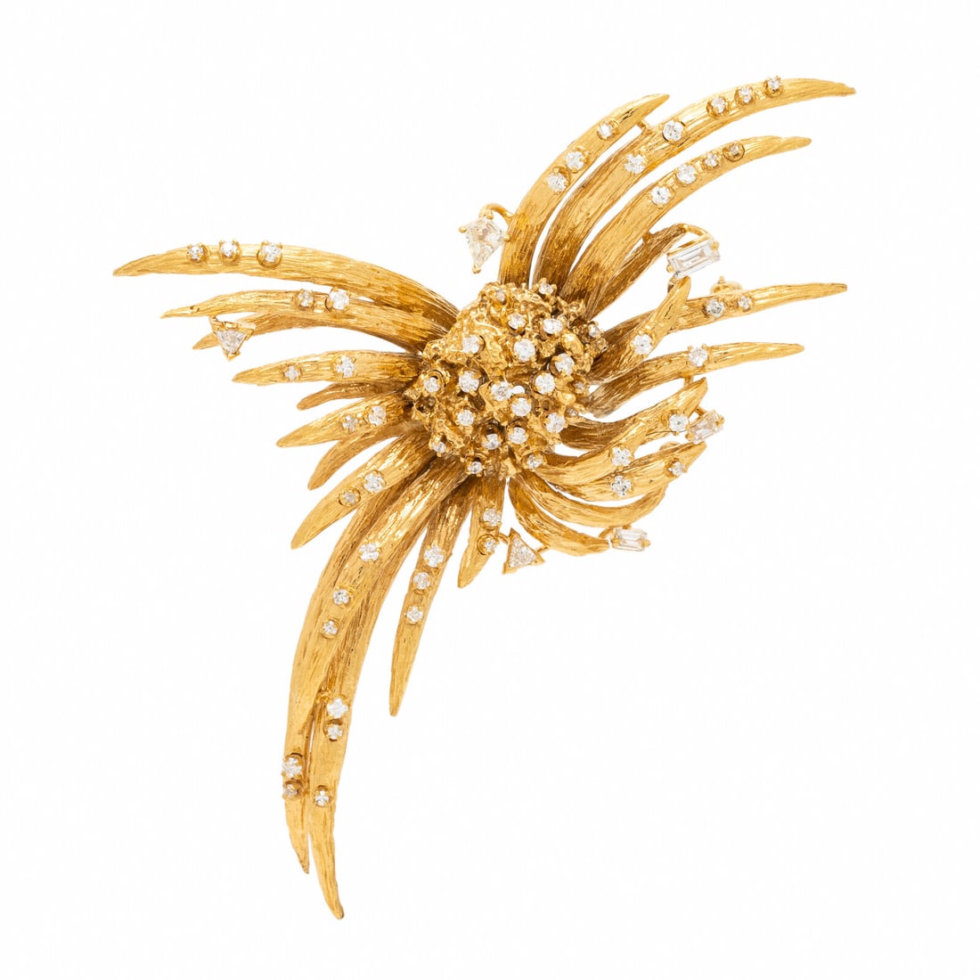 Diamond and Yellow Gold Spray Brooch: Diamond and Yellow Gold Spray Brooch Kite shape, baguette, trillion, and round brilliant cut diamonds weighing approximately 1.75 carats total. Yellow gold. 2 3/4 x 2 5/8 inches. Gross weight: 23.15 d