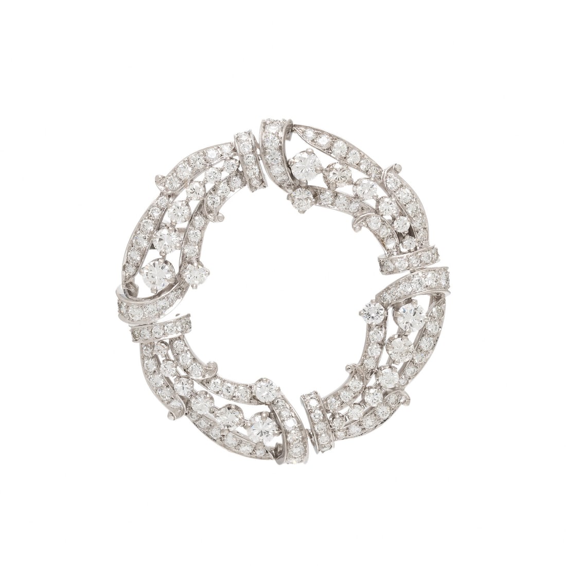 Diamond and Platinum Circle Brooch: Diamond and Platinum Circle Brooch Round brilliant cut diamonds weighing approximately 3.45 carats total. Platinum. 1 1/2 x 1 1/2 inches. Gross weight: 11.30 dwt. Property from the Estate of a
