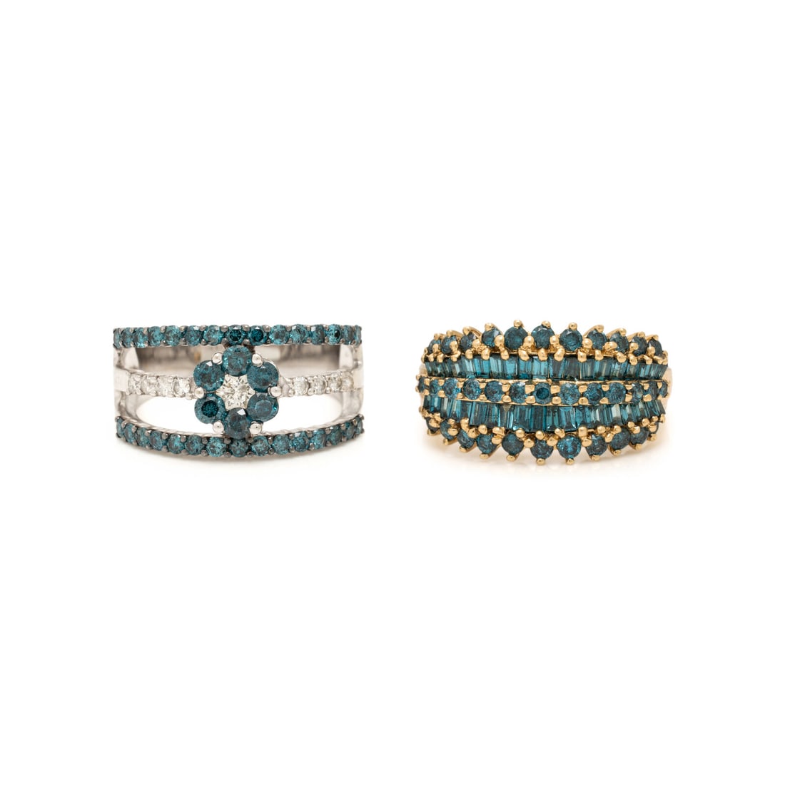 Two Treated Blue Diamond Rings: Two Treated Blue Diamond Rings One ring set with tapered baguette and round brilliant cut treated blue diamonds, and one set with round brilliant cut diamonds and round brilliant cut treated blue